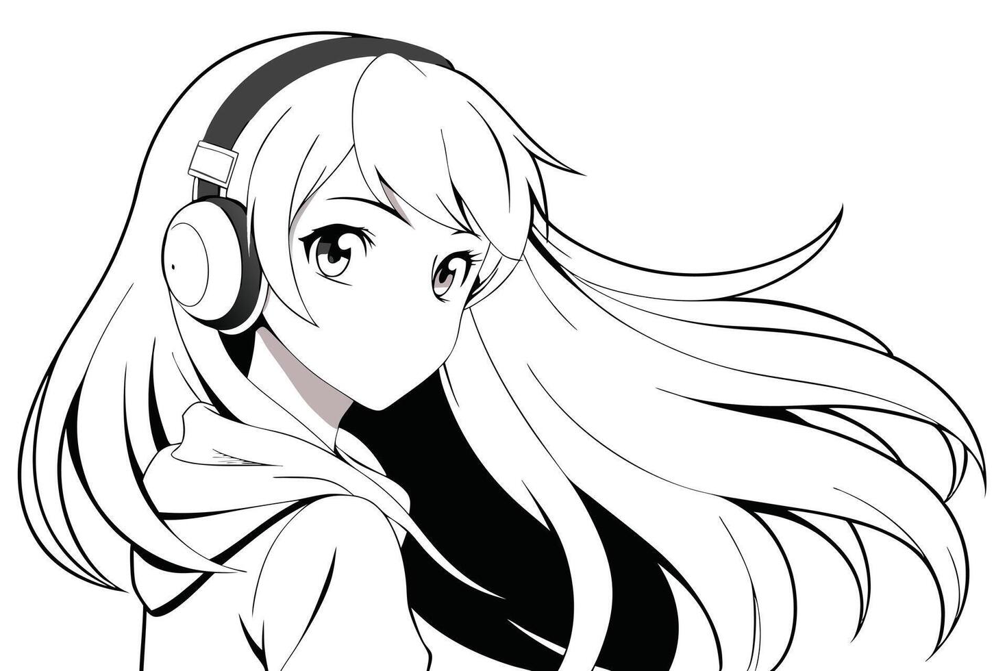 Manga Style Drawing of a Girl with Headphones and Windswept Hair in Black and White vector