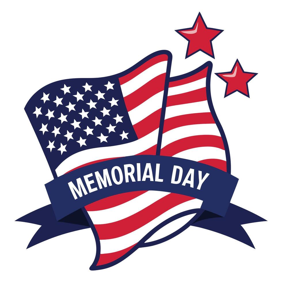 Waving American Flag Memorial Day Ribbon and Stars Patriotic Design vector