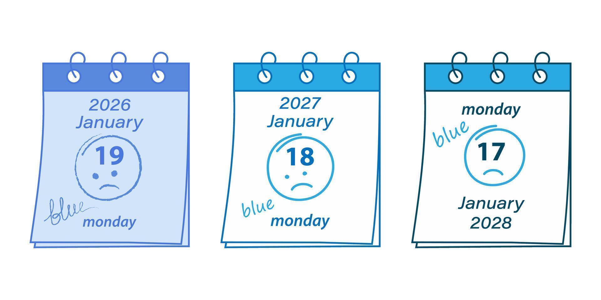 Doodle Calendar Illustrations for January Mondays A Humorous Overview of Blue Monday Motivation Set. Isolated illustration for Greeting Themed cards or promo banner, leaflets, social media post vector
