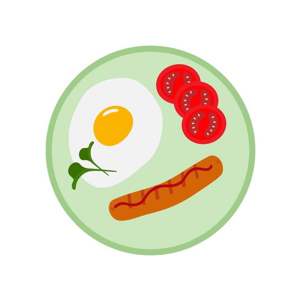 Fried Egg with Microgreen leaves Tomato slices and Grill Sausage with Ketchup stripe on Round Plate. Isolated illustration Breakfast Themes Cards or Food banner, leaflets, labels, delivery tag vector