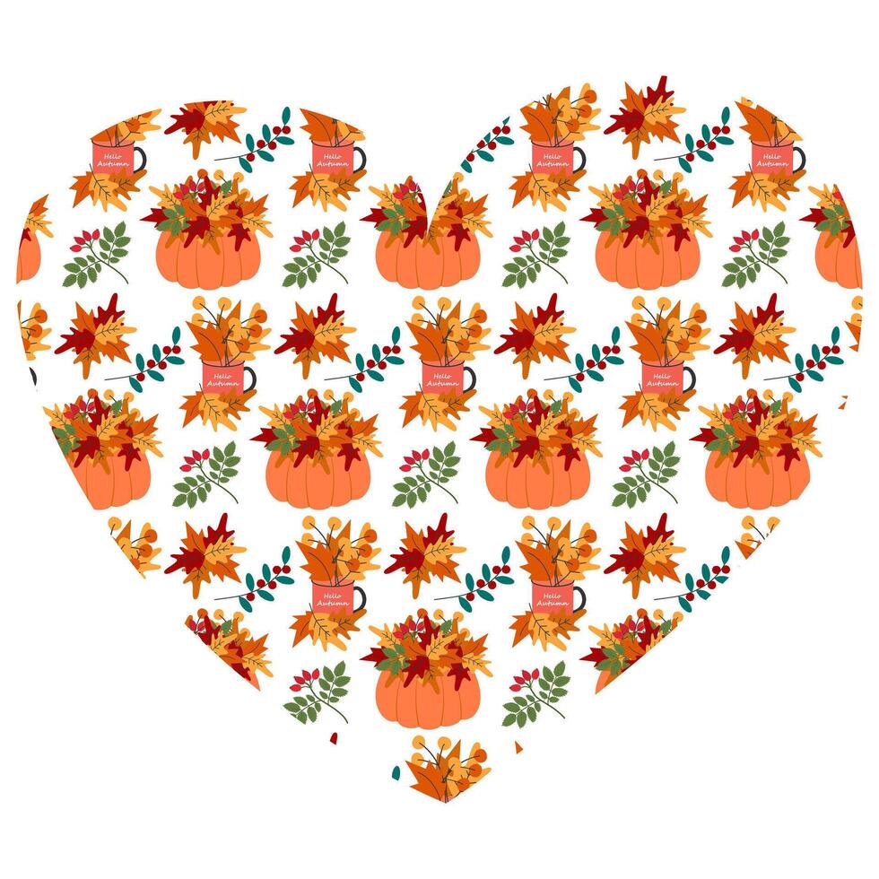 Autumn leaves composition in mug and pumpkin Seamless Pattern on Heart shape Background Autumn fond. Isolated illustration Greeting Theme Card, party invite or leaflet, banner, price tag, label vector