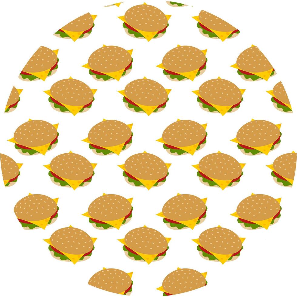 Vegan burger with Vegetables and Cheese slice Seamless Pattern on Circle Backdrop Healthy Fast Food. Isolated Illustration Fast Food or Delivery Menu Cards, promo banner, leaflets, labels, tag vector