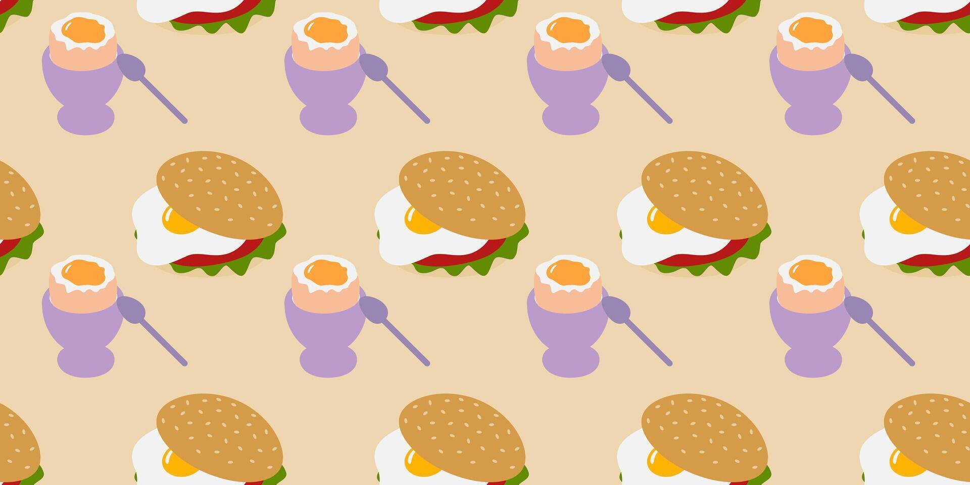 Fried Egg Sandwich and Soft Egg in Egg bowl with spoon Seamless Pattern Egg Day Holiday Festive Fond. Isolated Illustration Food Poster Breakfast Themes Card Menu, banner, leaflet, price, label vector