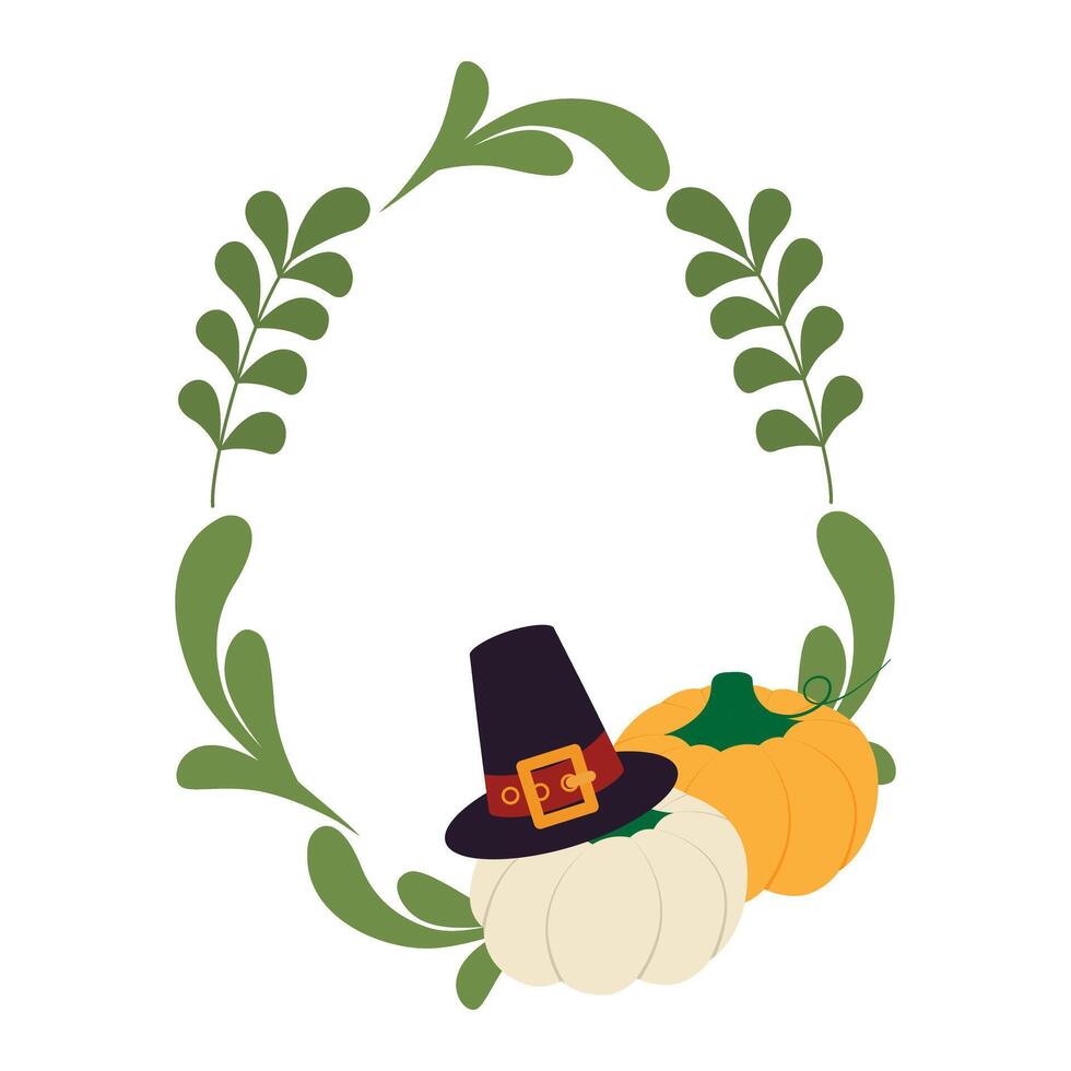 Hand Drawn Orange and White Pumpkin with Pilgrim Hat and Abstract Twigs Oval Frame border Copy space. Isolated illustration Thanksgiving or Autumn Holidays Theme Cards invite or banner, leaflet vector