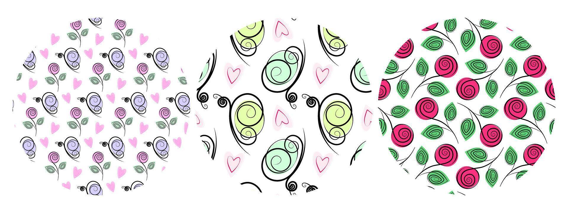 Hand Drawn Cute Butterflies decorative Hearts and Flowers Seamless Pattern on Circle Backgrounds Set. Isolated design Spring or Summer Themes Cards Backdrop or promo banner, leaflet, label, tag vector