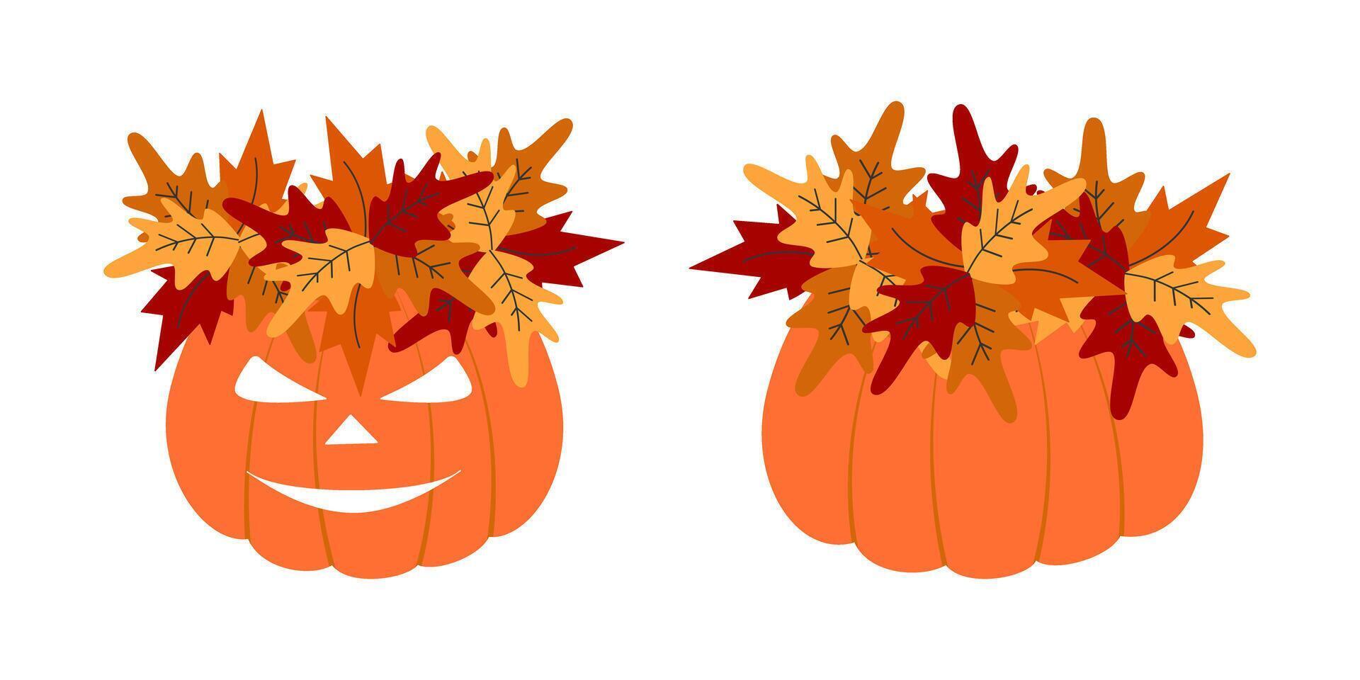 Halloween and Thanksgiving Pumpkin in Autumn leaves Wreath Cute Autumn Character and composition Set. Isolated illustration Autumn Holidays Cards Party invites or banner, leaflets, label, price vector