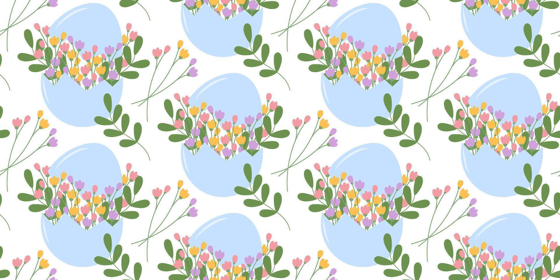 Hand Drawn Floral composition in Cracked Eggshell and Blossom twigs Seamless Pattern Floral Backdrop. Isolated Illustration Creating Springtime Festive Greeting cards like Easter or Mothers Day vector