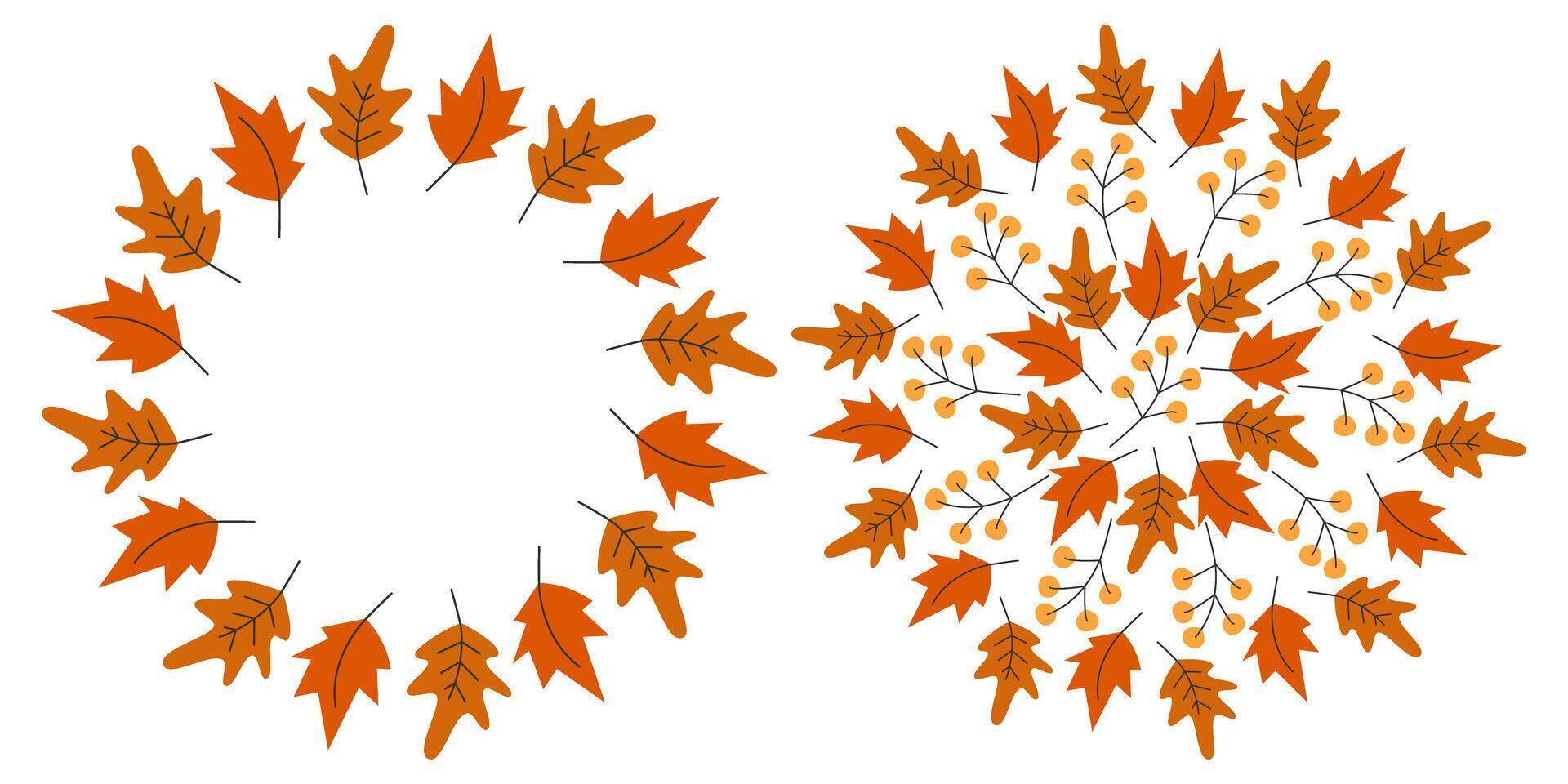 Hand drawn Autumn leaves Circular Frame Border and Backdrop Autumn Holidays Copy space Template Set. Isolated illustration Thanksgiving Greeting Cards, poster, leaflets, labels or promo banner vector