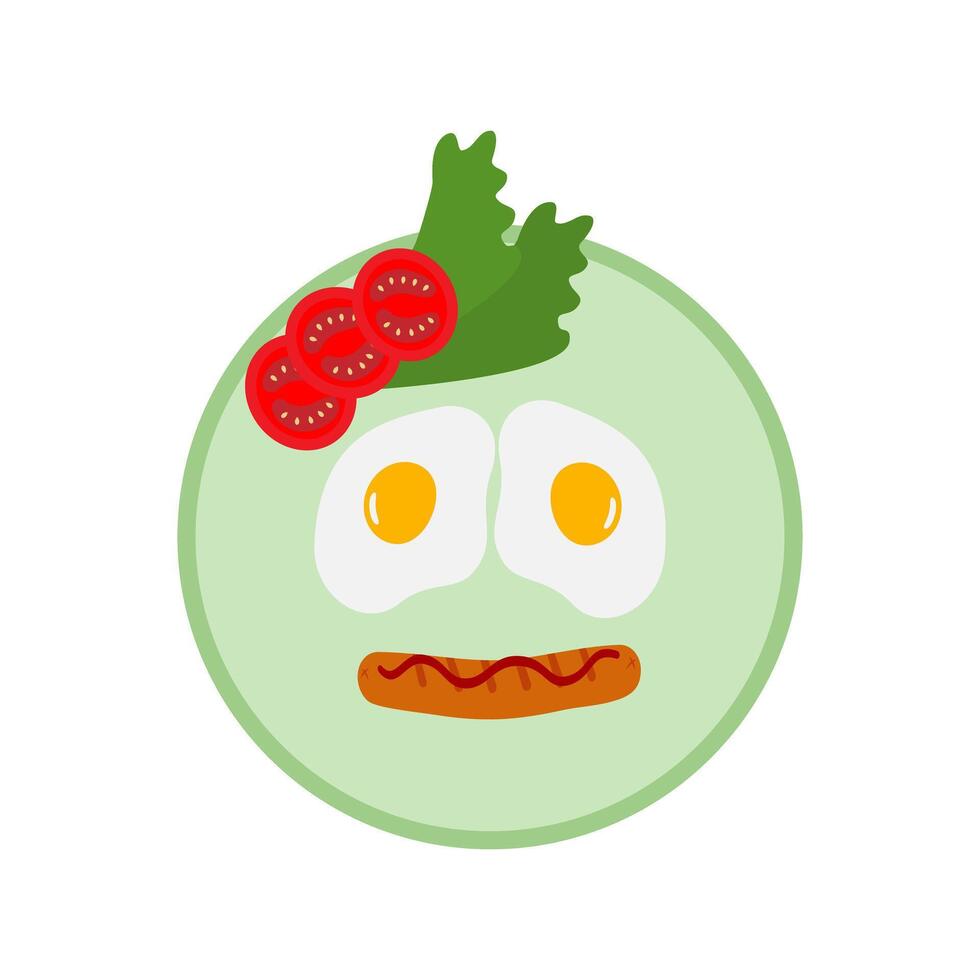 Cute Food Smiley Fried Eggs Sausage Tomato slices and Green Leaves Breakfast Motivation Design idea. Isolated illustration Motivation Themes Cards Party invites or banner, leaflet, label, price vector