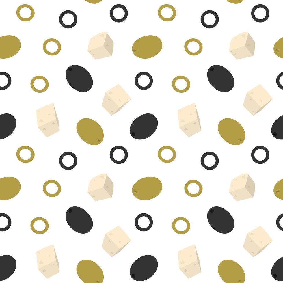 Freehand Cheese cubes in various positions and olives Fruits and sliced Seamless Pattern Food fond. Isolated illustration Healthy Food or Menu Cards Backdrop banner, leaflets, labels, price tag vector