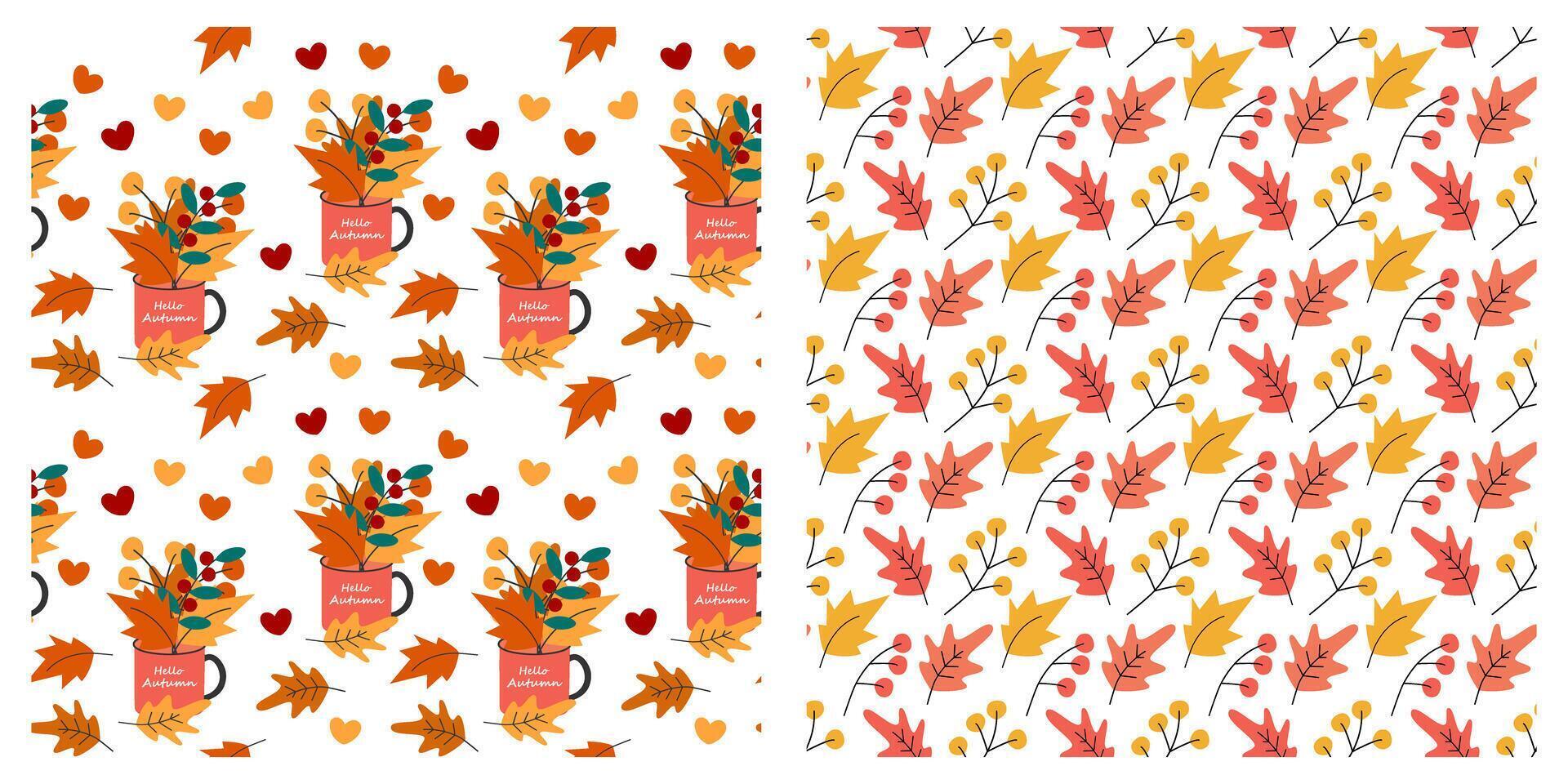 Autumn leaves in Mug With Hello Autumn text and Leaves and Twig Seamless Pattern Autumn Backdrop Set. Isolated illustration Autumn Holiday Theme Cards Background Party invite or banner, leaflet vector