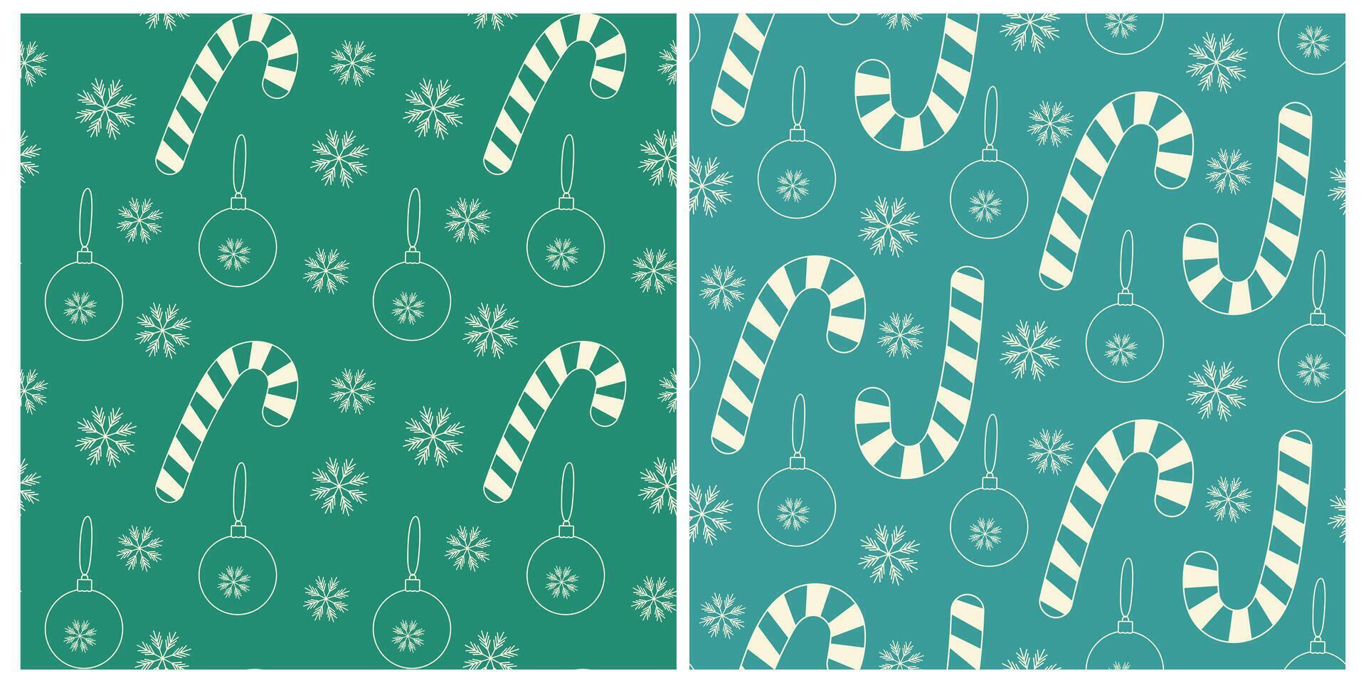 Chalk Drawn Striped Candy Cane Snowflake and Christmas ball Seamless Pattern Light on Color Backdrop. Isolated illustration Christmas Holiday Greeting Background leaflets, poster, wrapping Set vector