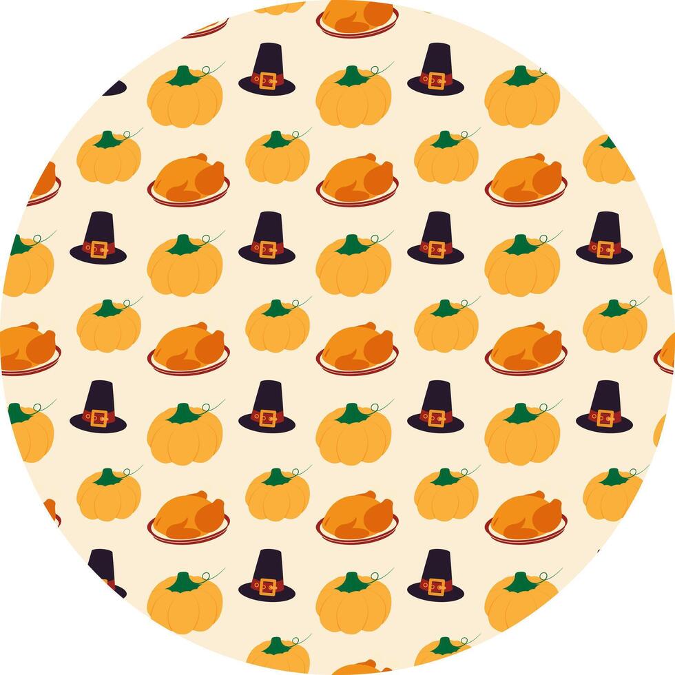 Hand drawn Fried Turkey on plate Orange Pumpkin and Pilgrim Hat Seamless Pattern on Circle Backdrop. Isolated illustration Autumn Theme Card Backdrop Invite or banner, leaflet, label, price tag vector