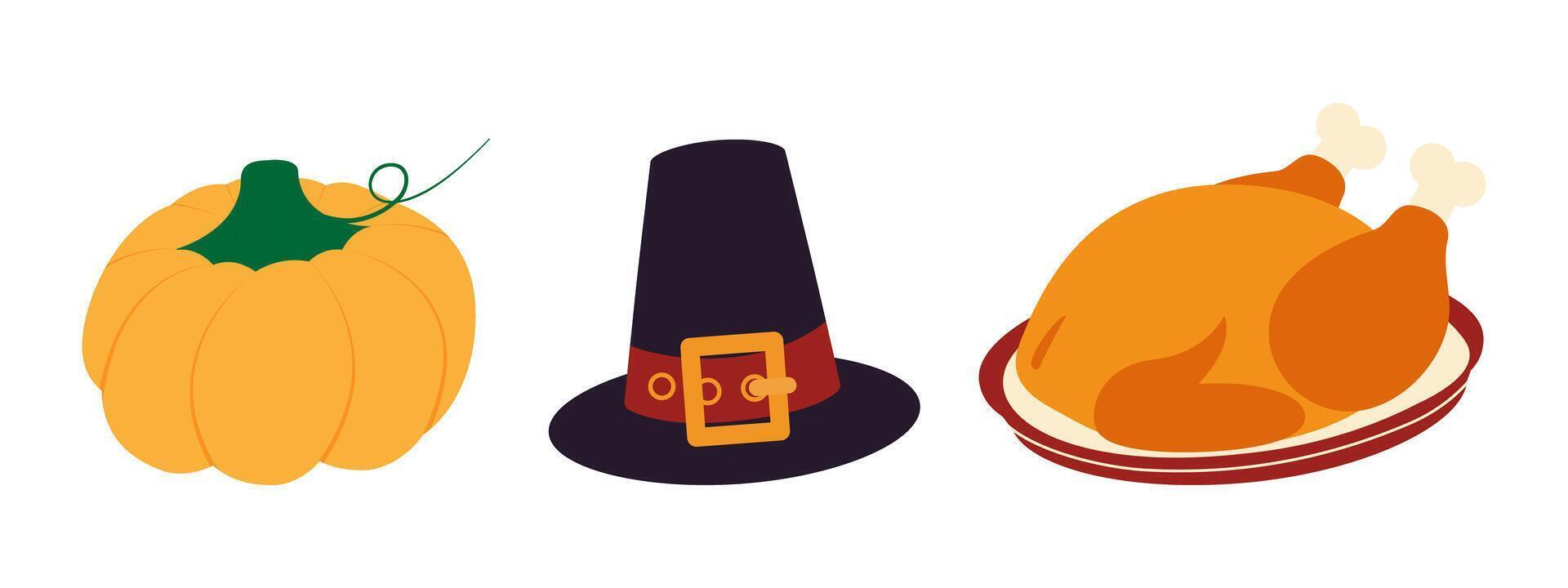 Autumn Pumpkin, Pilgrim Hat and Fried Turkey on plate Thanksgiving symbols Flat design Elements Set. Isolated illustration Autumn Greeting Theme Cards, party invite or leaflets, banner, labels vector