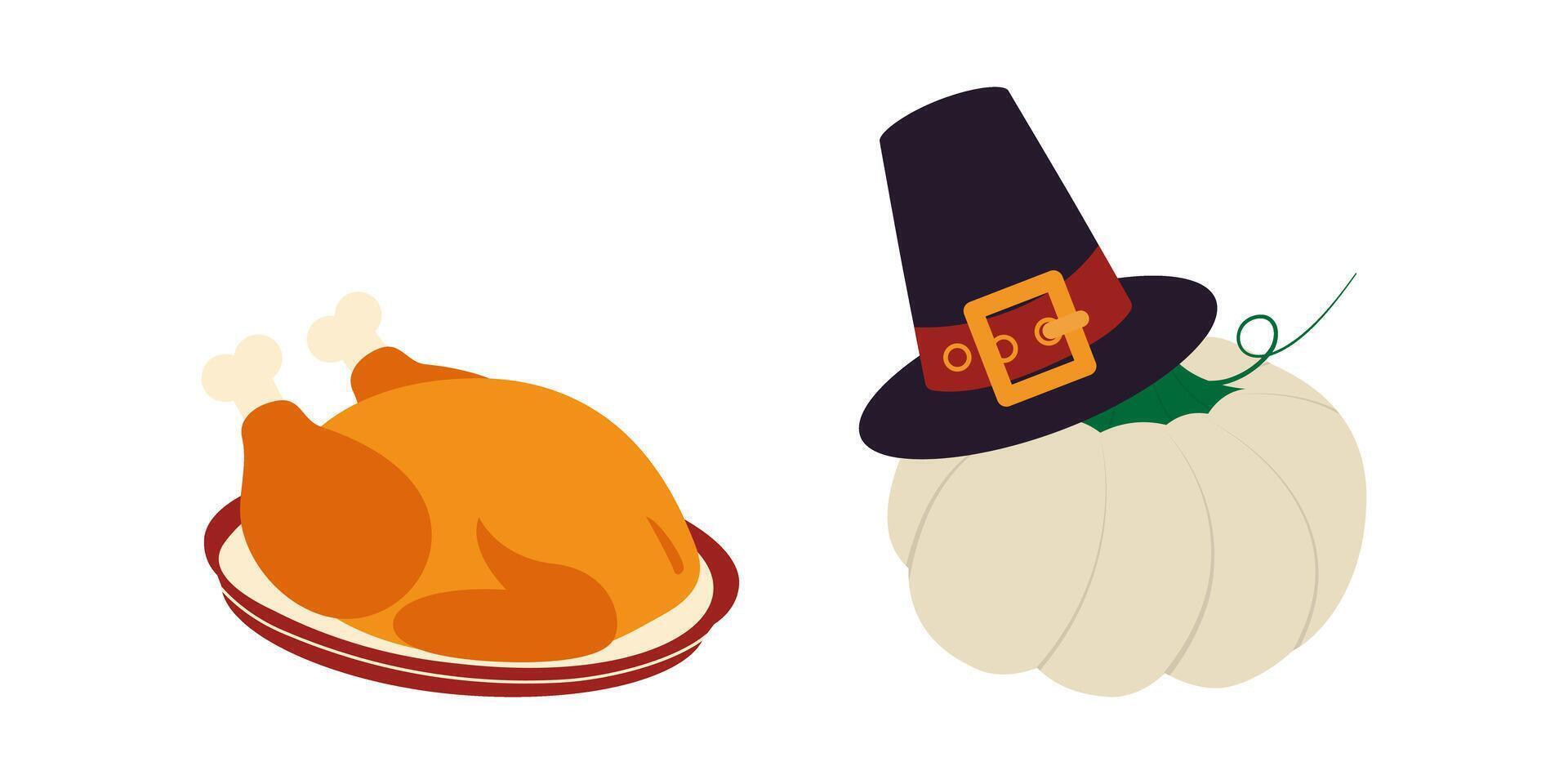 Freehand Fried Turkey on plate and Pilgrim Hat on White Pumpkin Isolated Thanksgiving Design element. Isolated illustration Greeting Themes Cards, party invite or leaflets, banner, price, label vector