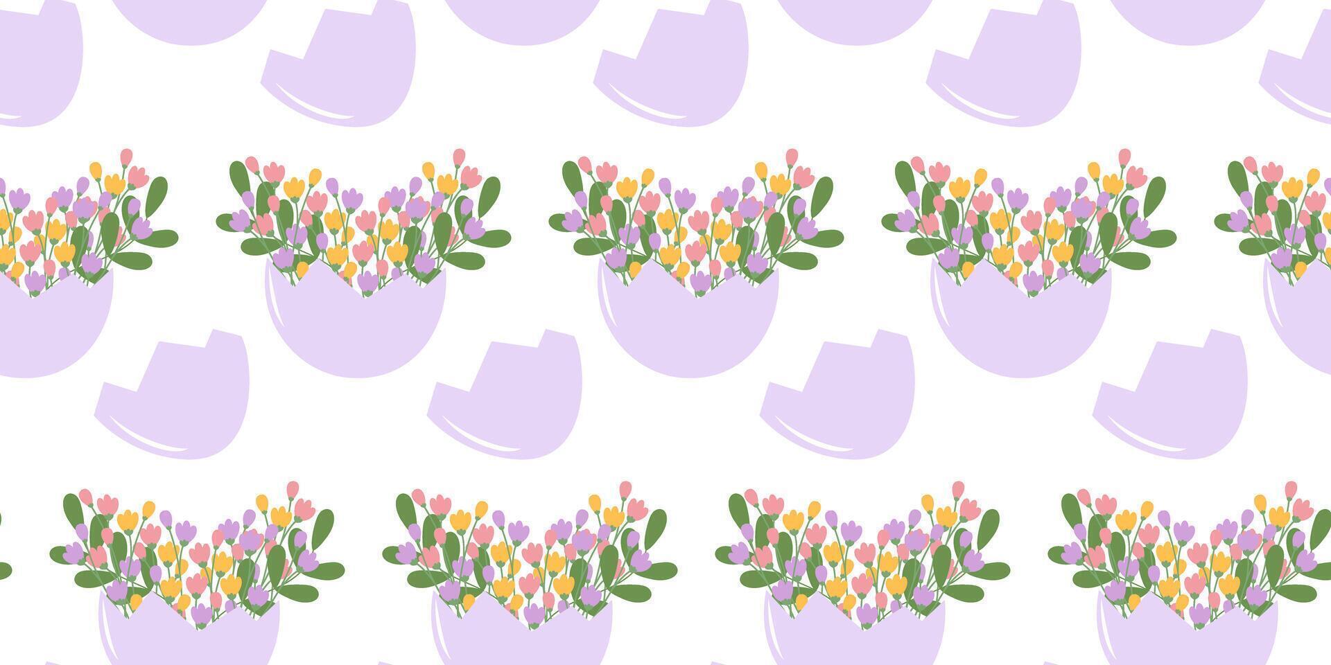 Spring Composition in Cracked Eggshell Vase Seamless Pattern Lavender Easter Spring Festive Backdrop. Isolated illustration Easter Thematic Cards Background Invite or banners, leaflets, labels vector