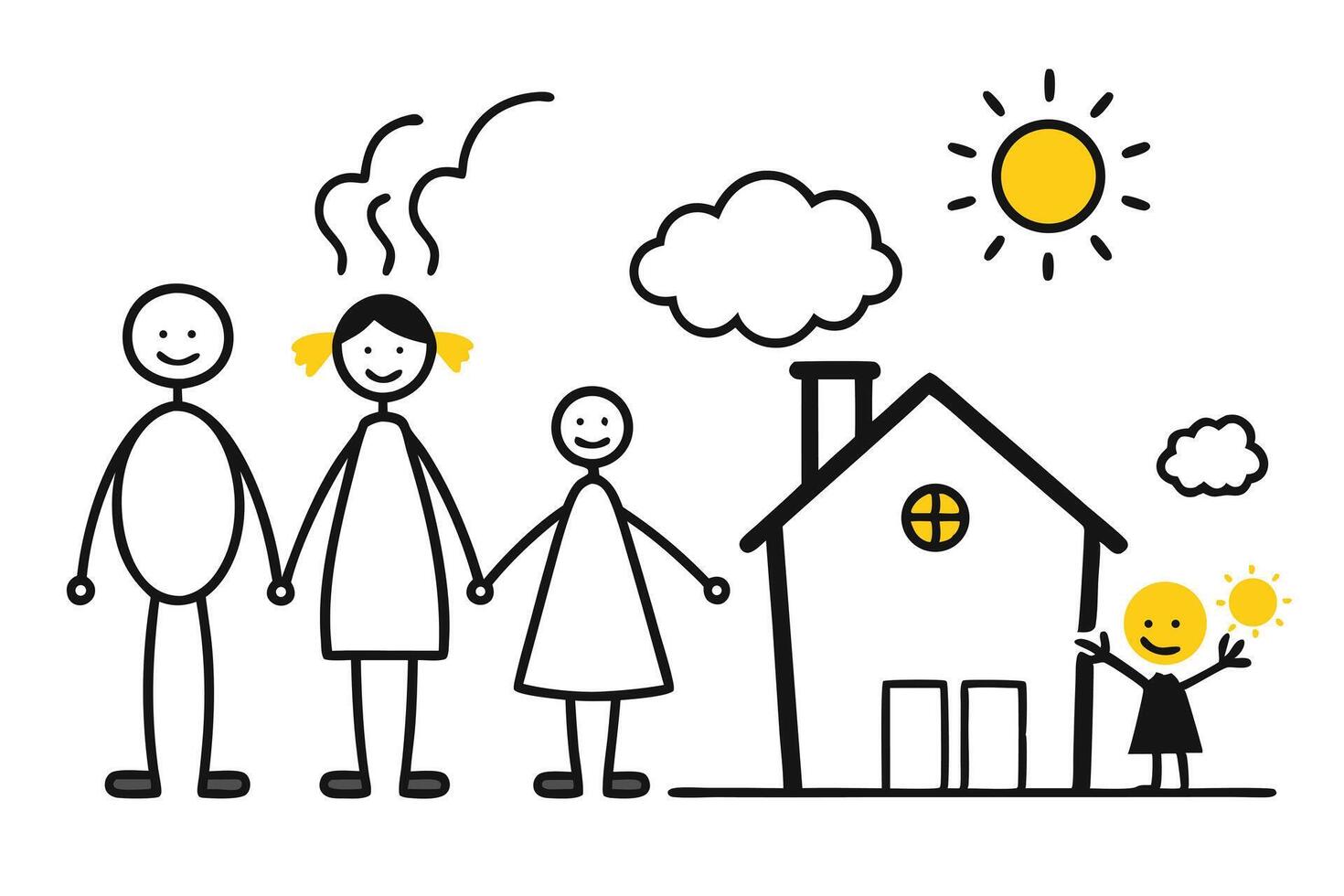 Cartoon Stick Figure Family Illustration House, Smiling People, Sunny Weather, Child Playing vector