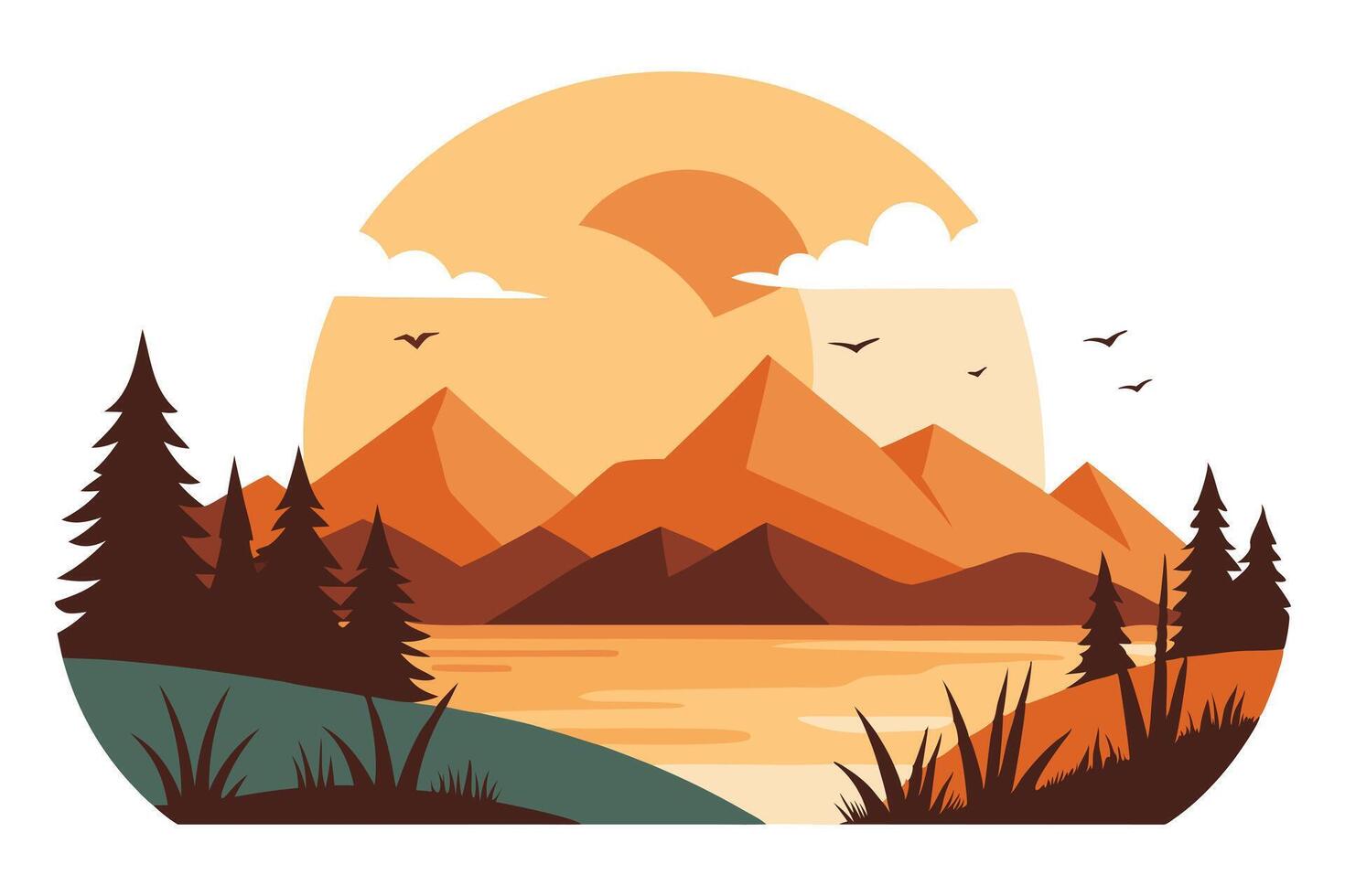 Scenic Mountain Landscape with Lake, Trees, and Birds in Warm Earth Tones vector
