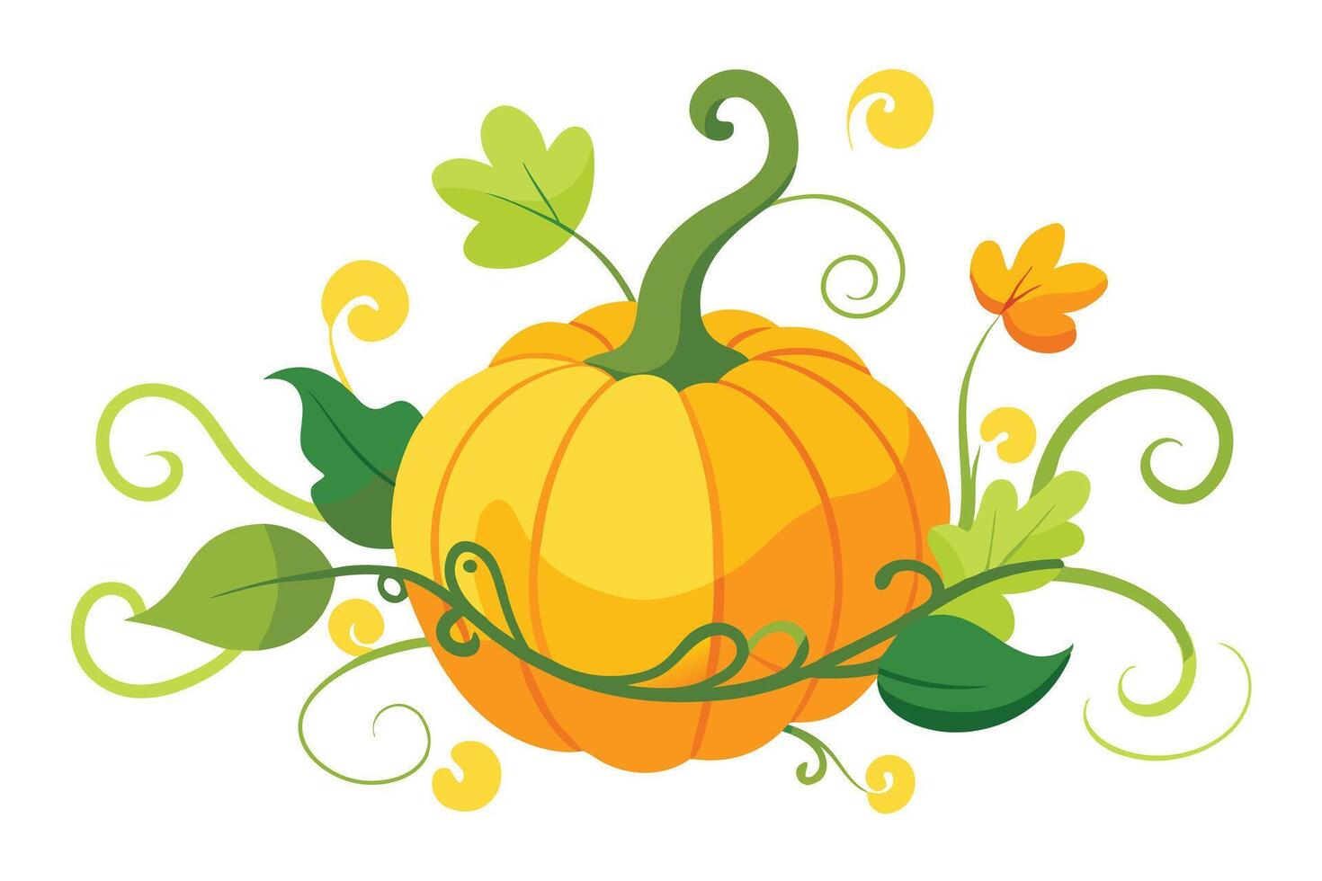 Stylized Orange Pumpkin with Green Vines, Leaves, and Decorative Yellow Swirls on White Background vector