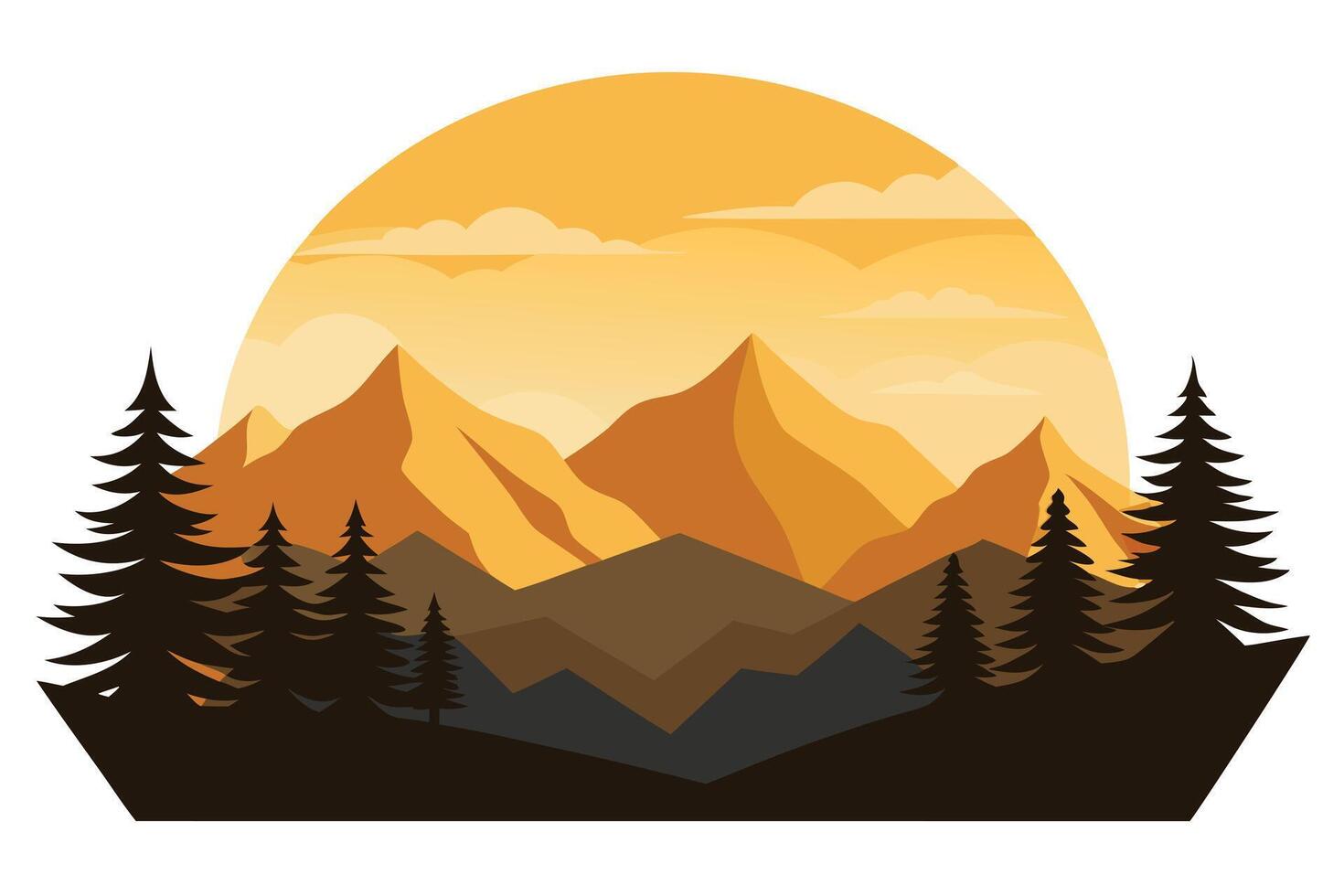 Mountain Range Illustration with Silhouetted Trees and Warm Sunset Background Landscape vector