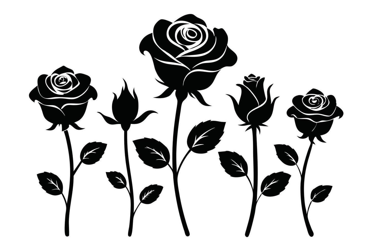 Elegant Black Rose Silhouettes Floral Art with Buds and Blossoms vector