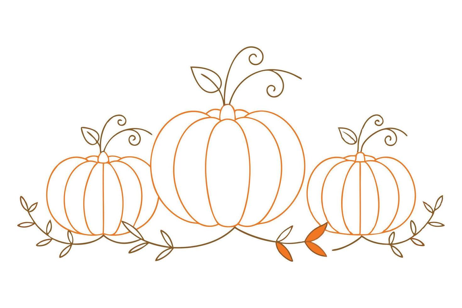 Three Outline Pumpkins with Leaves and Vines Decoration, Autumnal Season vector