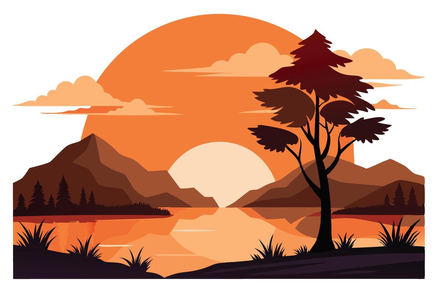 Lake Sunset Landscape Illustration with Mountains, Tree, and Clouds in Warm Tones vector