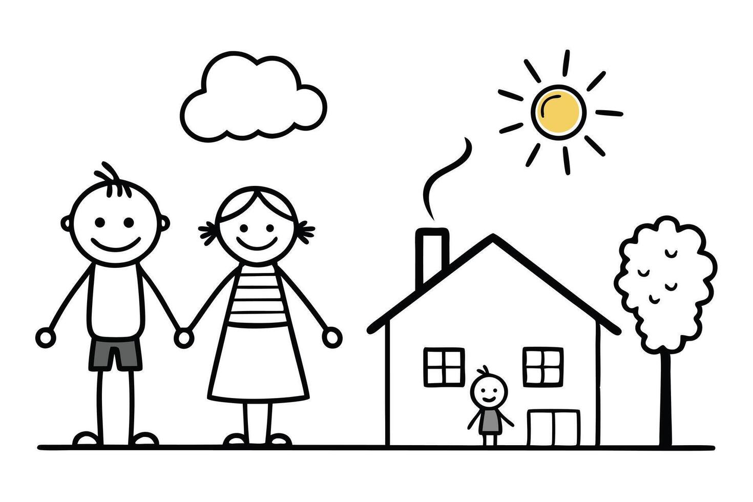 Stick Figure Family Drawing Happy Children, House, Cloud, Sun, Tree, and a Child Peeking vector