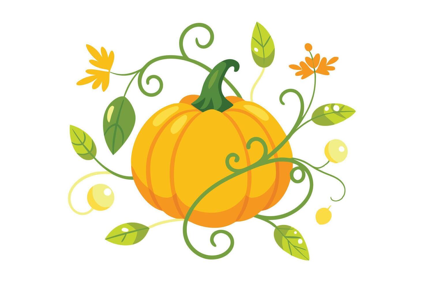 Cartoon Pumpkin with Swirling Vines, Flowers, and Leaves on a White Background vector