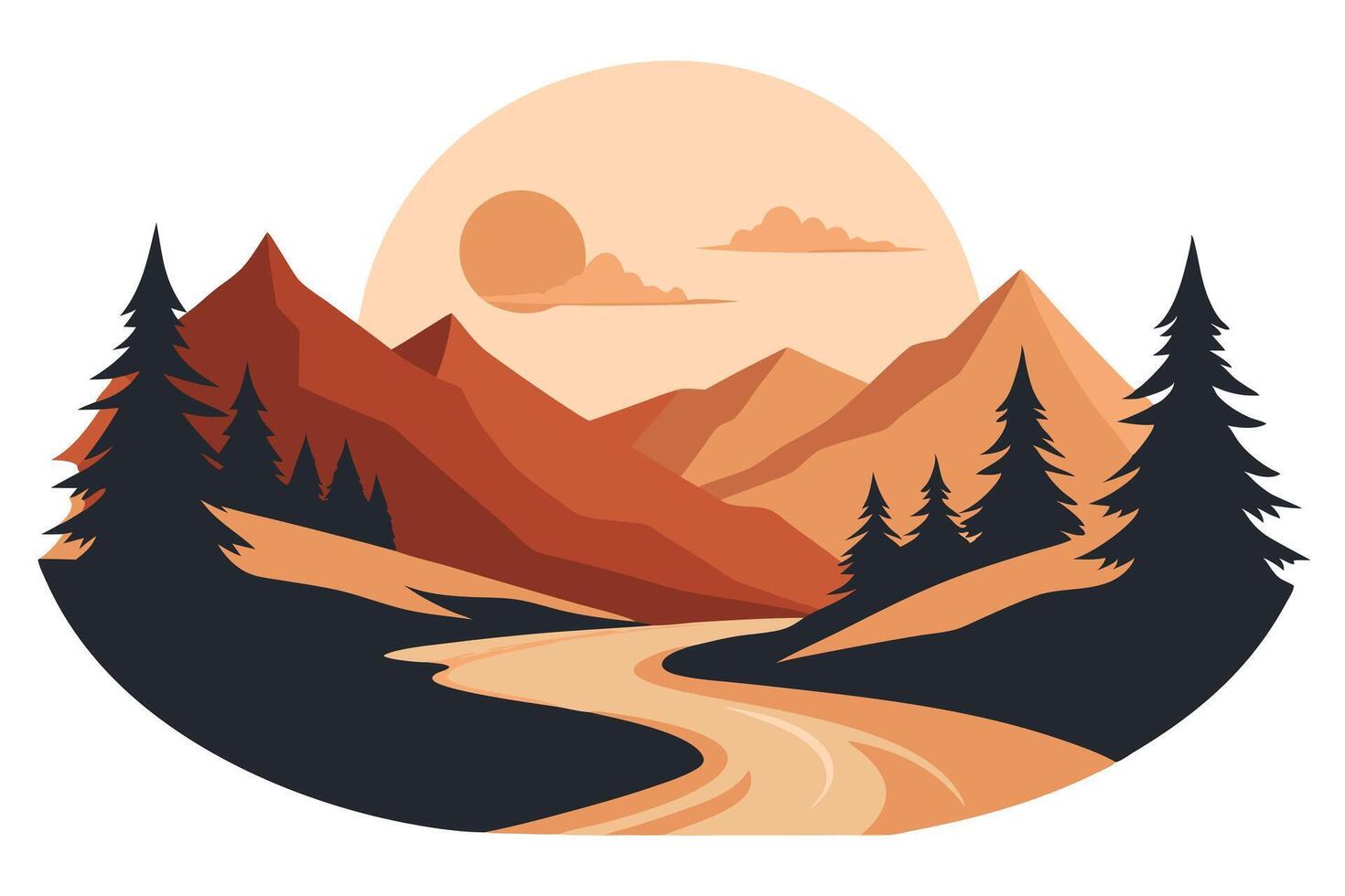 Illustrated Mountain Landscape with River, Pine Trees, and a Glowing Sun vector