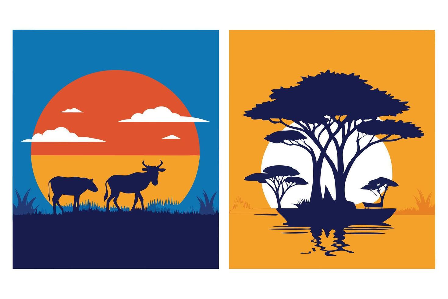 African Wildlife Sunset Silhouette Art Print Wildebeest, Acacia Trees, and Water Reflection Design vector
