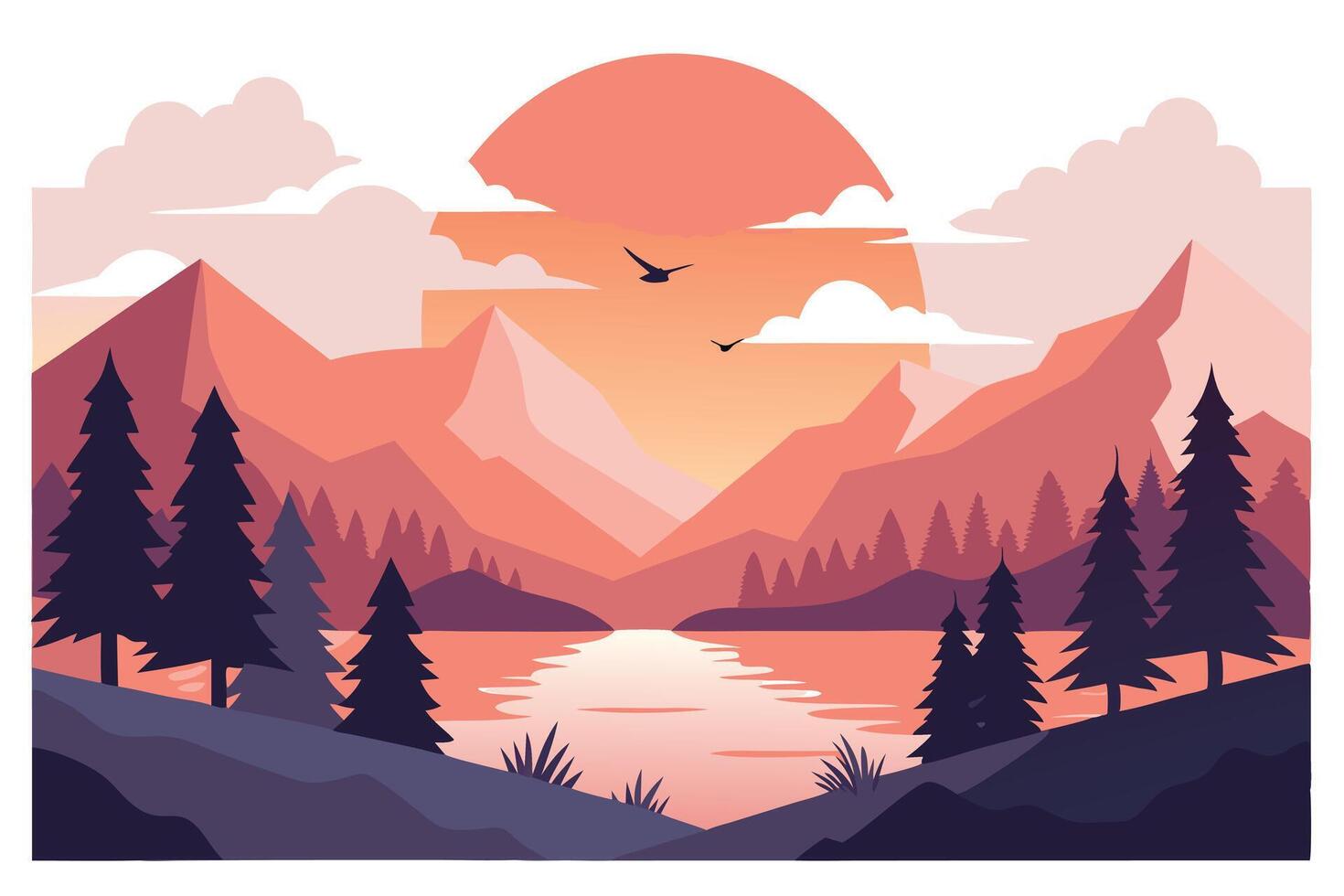 Beautiful Landscape with Mountains, Lake, Pine Trees, Birds and Sunset Illustration vector