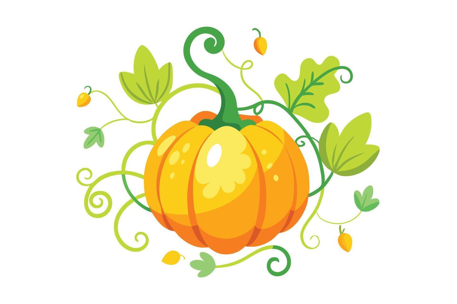Cartoon Style Pumpkin Surrounded by Vines, Green Leaves, and Small Yellow Fruits Decoration vector