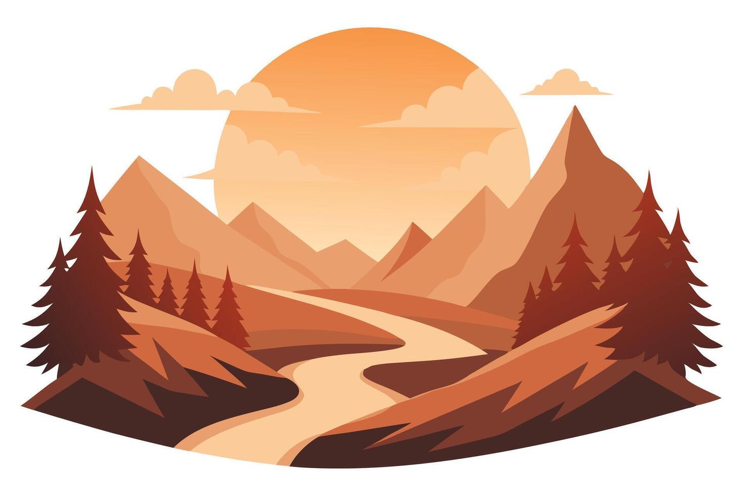 Stylized Mountain Landscape with River, Trees, and Sunset in Earthy Tones vector