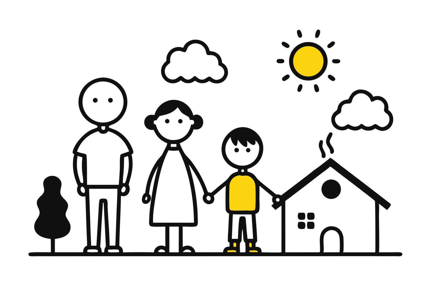 Stick Figure Family Holding Hands in Front of House Under the Sun and Clouds vector