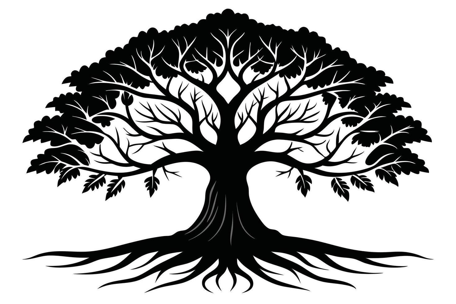Ornate Silhouette of a Tree with Prominent Roots and Leafy Canopy on White vector