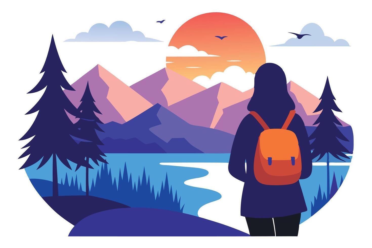 Backpacker's View Mountains, Water, Sunset, and Pine Trees in a Stylized vector