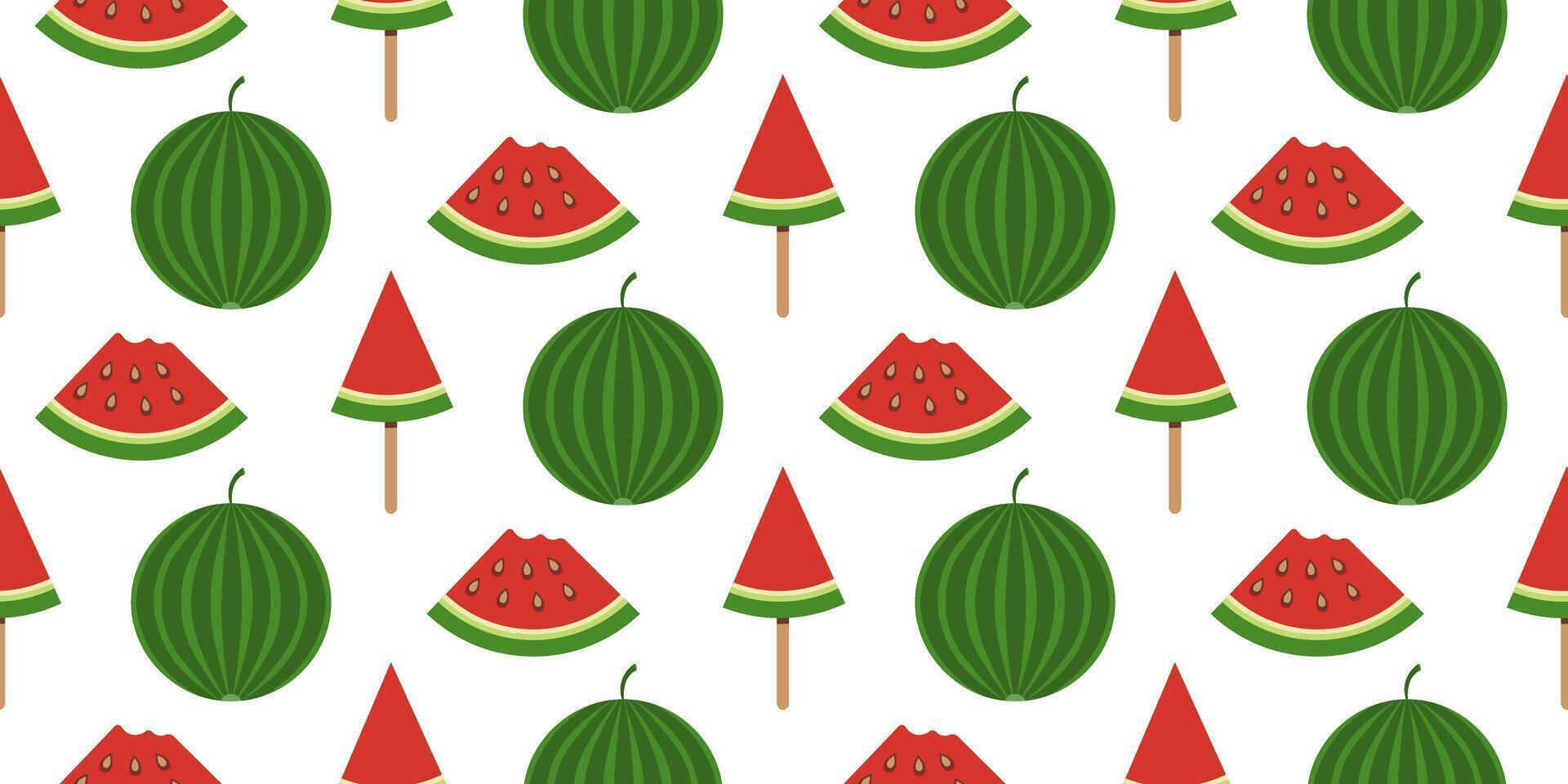 Seamless Pattern with Whole Watermelons, Slices and Popsicles on a White Background. vector