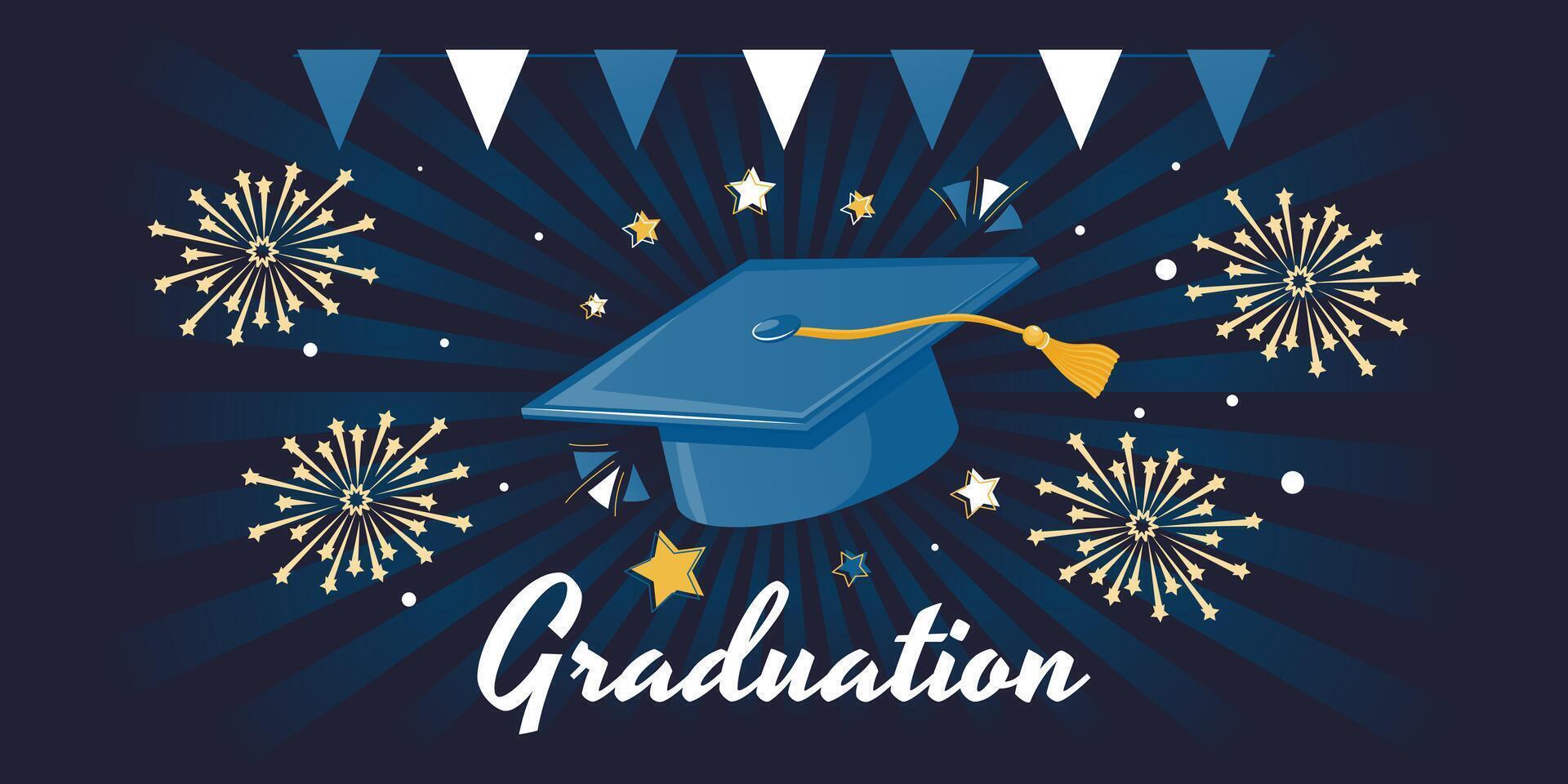 Graduation Cap with Tassel, Fireworks, Stars, and Pennant Flags on Dark Background with Radial Rays. Graduation Party and Celebration Concept. vector