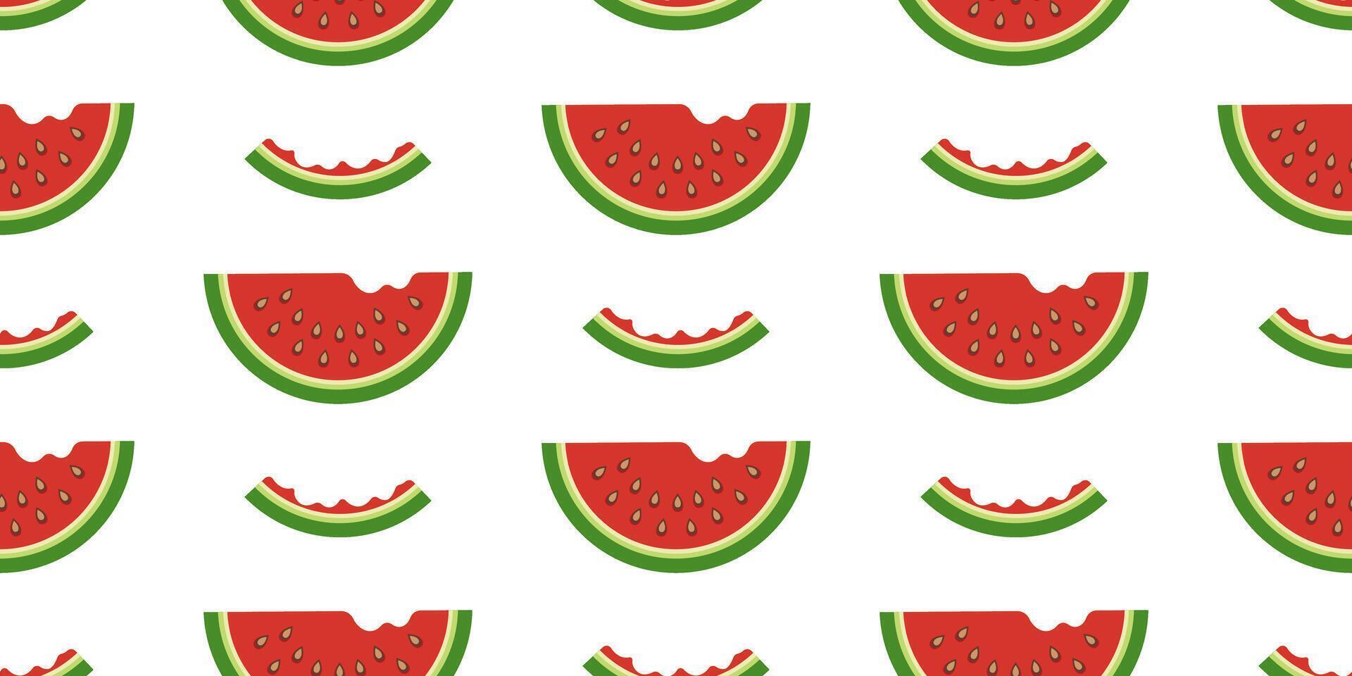 Bitten Watermelon Slices. Watermelon Slices with Bites Seamless Pattern on white Background. For Summer Fruit Print, Wrapping Paper, Textile. vector