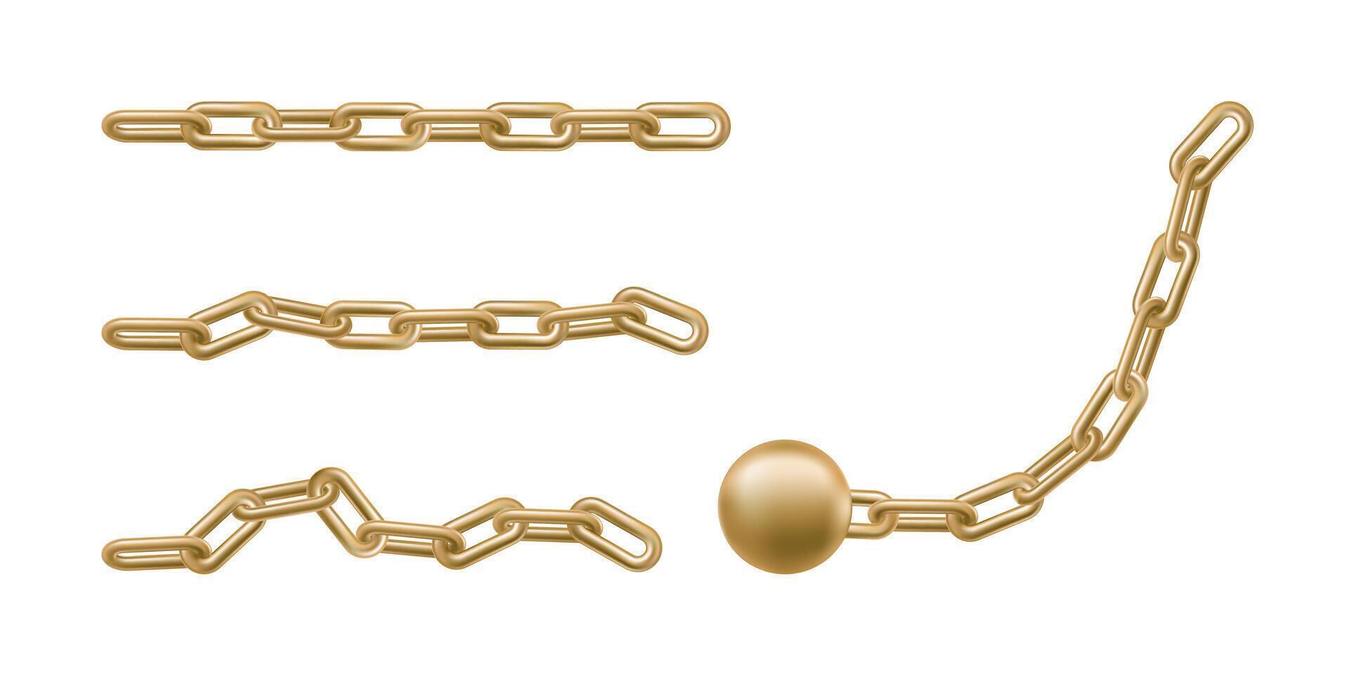 3d straight golden chain connect partners. Share link, locked ring is strong protection. Repeat items hold credit, digital secret password. Metal thick steel ball attached, closed item block render. vector