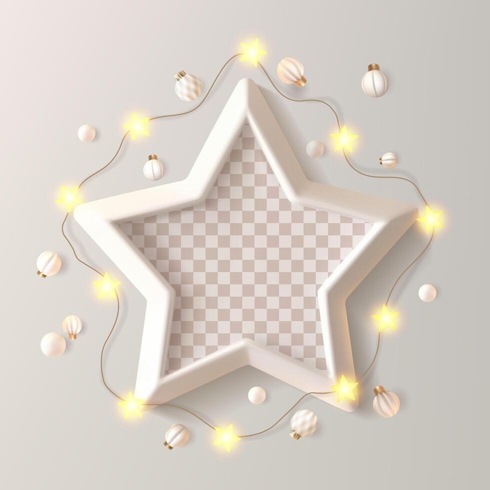 Star 3d picture frame on beige bg, decorated with light glowing garland. White empty Christmas card mock up, festive greeting photo, winter party invitation. Neutral decorative gallery wall vector