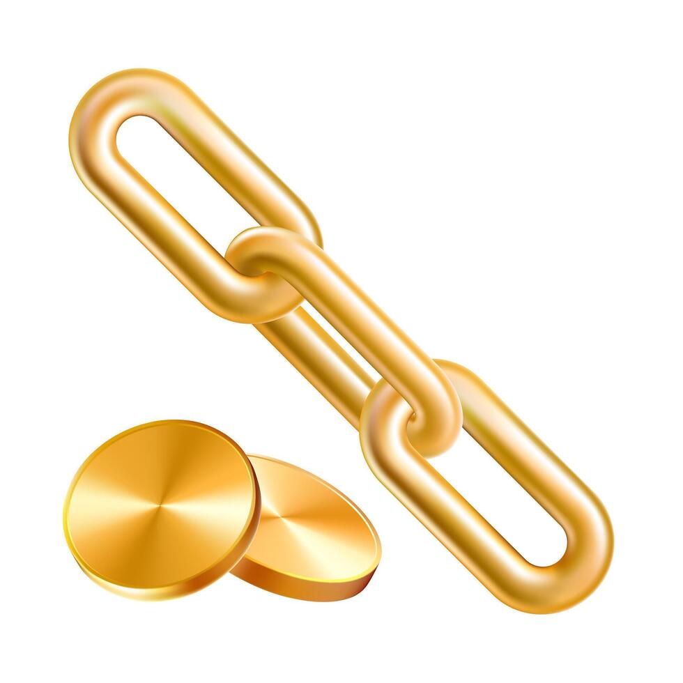 Golden chain 3d link, money blockchain payment. Gold coins attached link, network share exchange finance. Currency web hyperlink, realistic business partnership icon. Locked ring fintech website vector