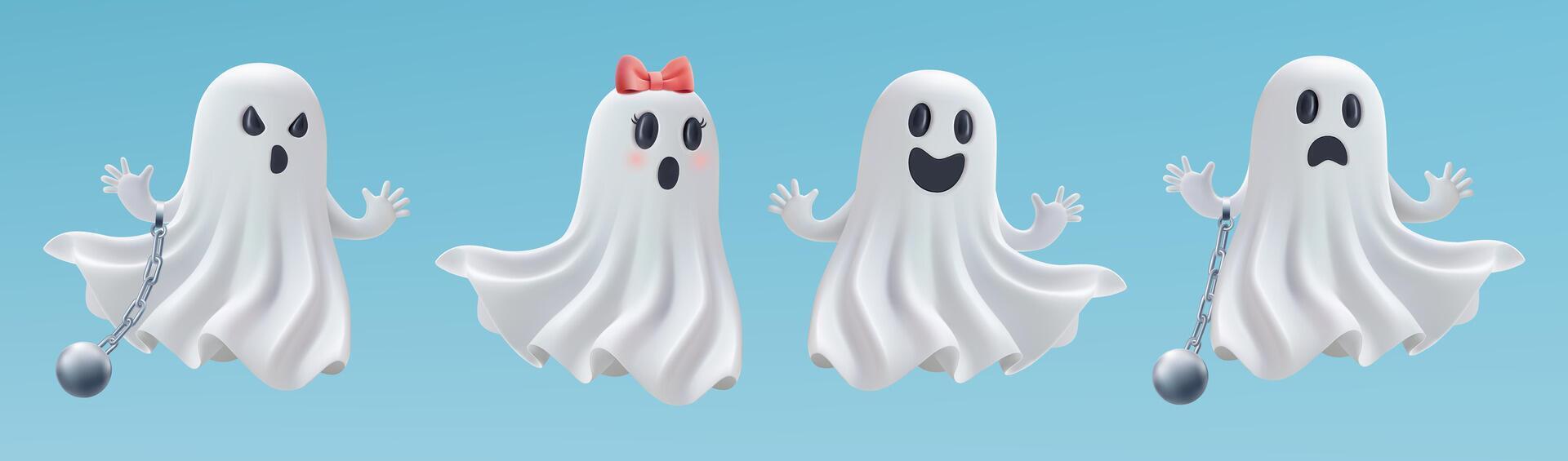 3d ghost halloween. Cute character icon set, spooky scary happy cartoon monster illustration isolated. Girl face, funny emoji element. Funny party invitation design set. Black friday sale trick vector