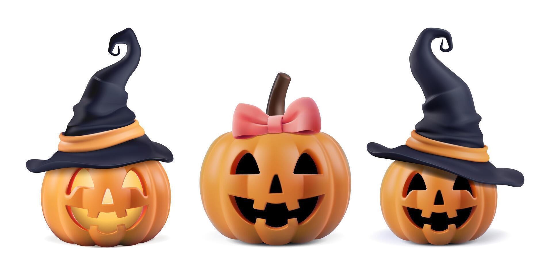 Halloween pumpkin funny character set. 3d invitation decor, girl smiling face and black witch hats. Scary happy smile, jack head costume . Cute black wizard cap or pink bow realistic sticker vector