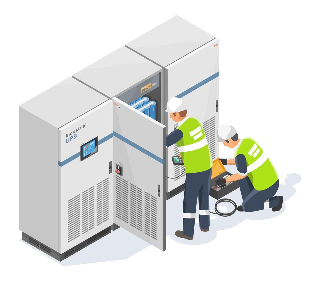 Technicians servicing industrial UPS systems vector