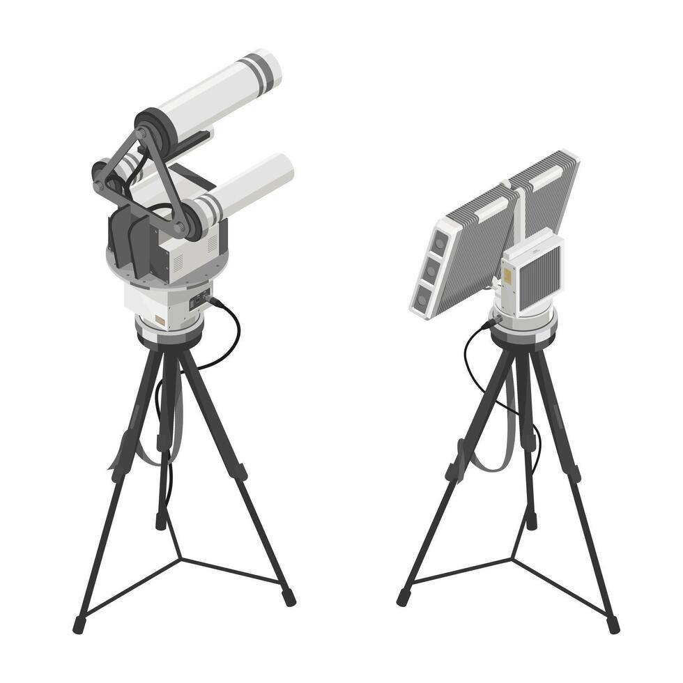 Advanced isometric anti drone defense system with dual surveillance cameras and radar sensor mounted on tripod for high security monitoring operations vector