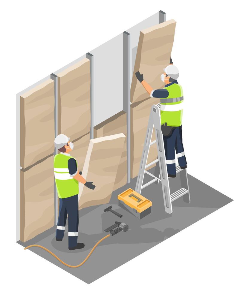 Construction workers installing wall panels vector