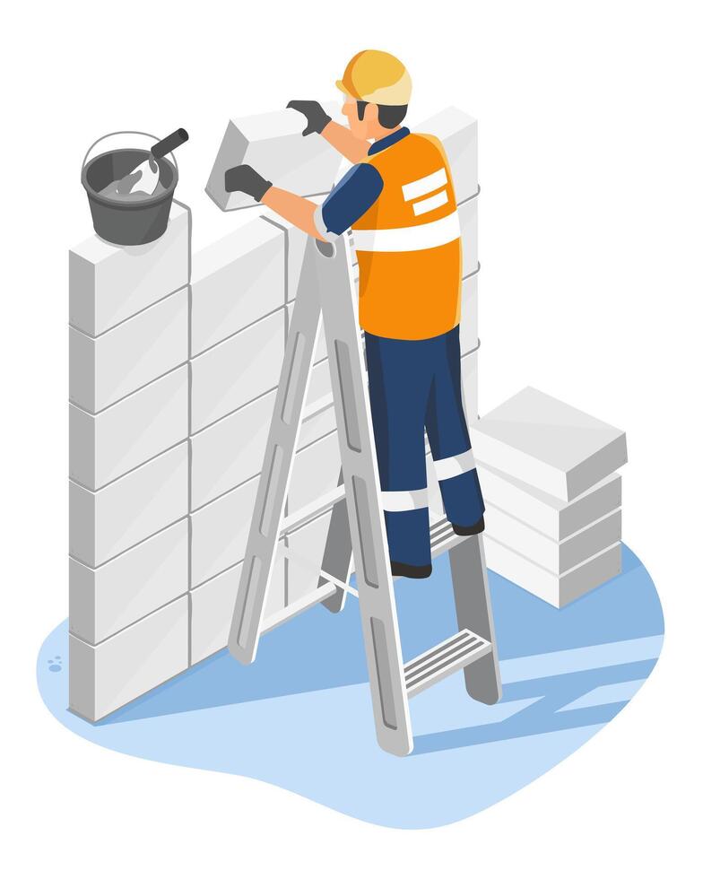 Construction worker on a ladder laying bricks vector