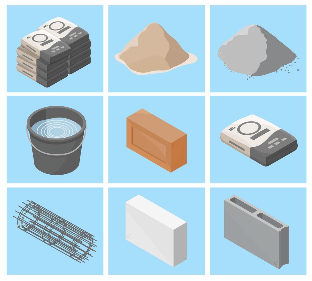 Icons of construction materials and tools vector